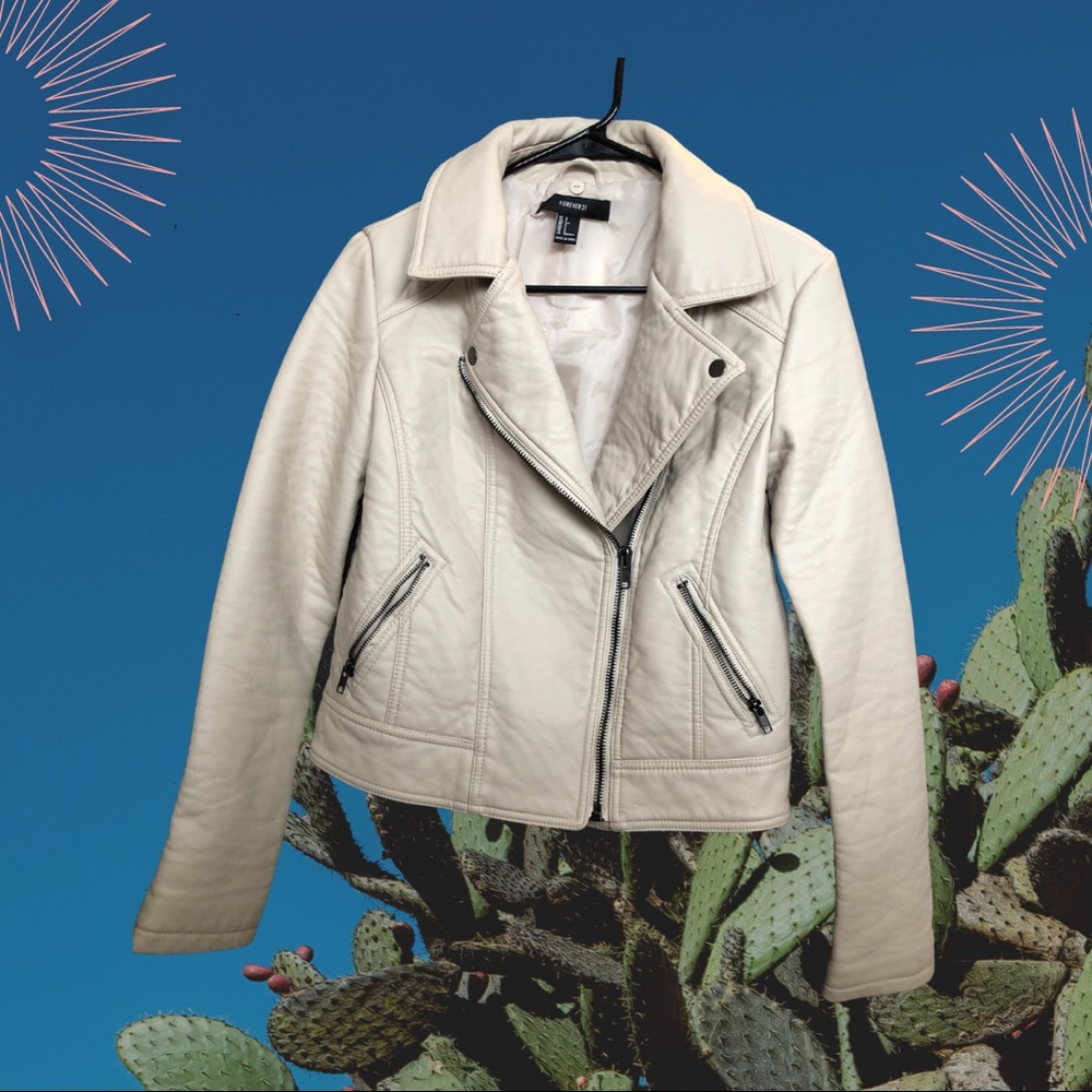 Cream Faux Leather Moto Jacket